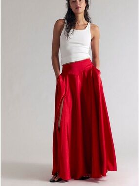 Free People Chico Maxi Skirt Sz 8 Salsa Red NWT Pockets Satin Shiny Slit